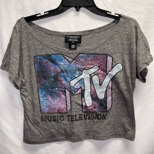 gray / galaxy MTV off shoulder crop top tshirt